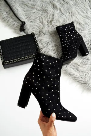 Black Faux Suede Studded Ankle Boots - Laelynn