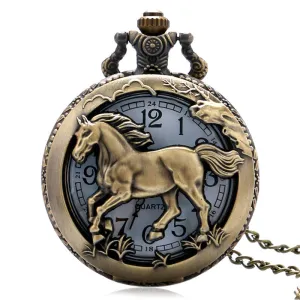 Pocket Watch Free Shipping Bronze Copper Horse Hollow Quartz Watch Clock Hour Fob With Chain Pendant Womens Men Xmas GIfts P907