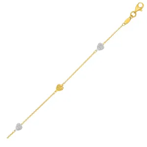 Size: 10'' - 14k Two-Toned Yellow and White Gold Anklet with Textured Hearts