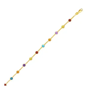 Size: 10'' - 14k Yellow Gold Cable Anklet with Round Multi Tone Stations