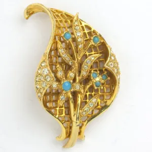 Turquoise, Diamanté & Gold Brooch by Hattie Carnegie