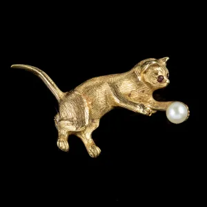 Vintage Cat Brooch 9Ct Gold Garnet Pearl Sybil Dunlop Dated 1965