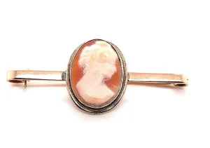 Vintage Portrait Cameo & Rolled Gold Bar Brooch